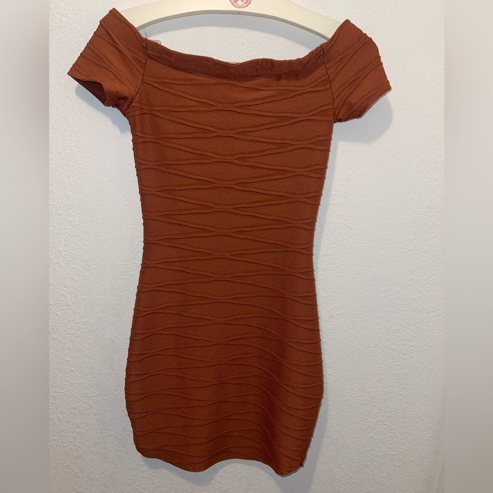 Brown Ribbed Off-Shoulder Mini Dress